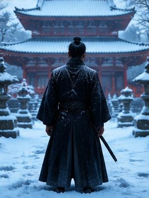 Samurai in a snowy temple
