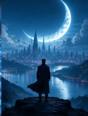 Futuristic city beneath a crescent moon